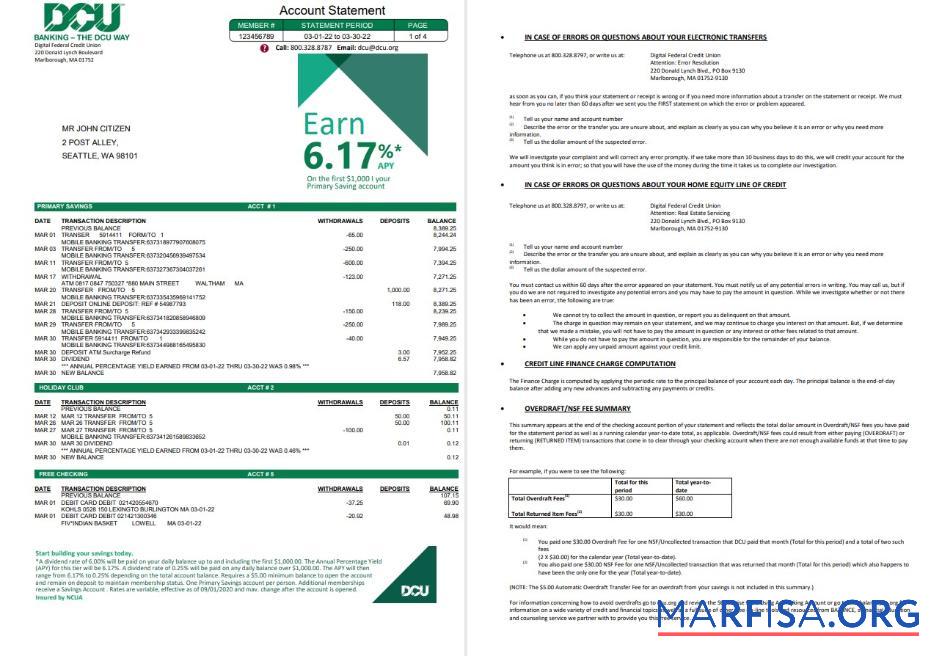 Downloadable USA Massachusetts Digital Federal Credit Union (DCU) bank statement word 5 pages template